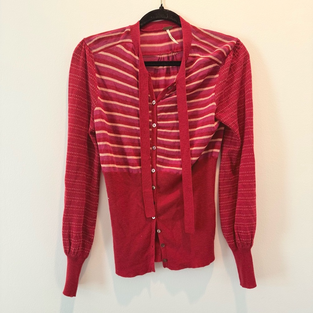 Free People Red and Pink Striped Cardigan